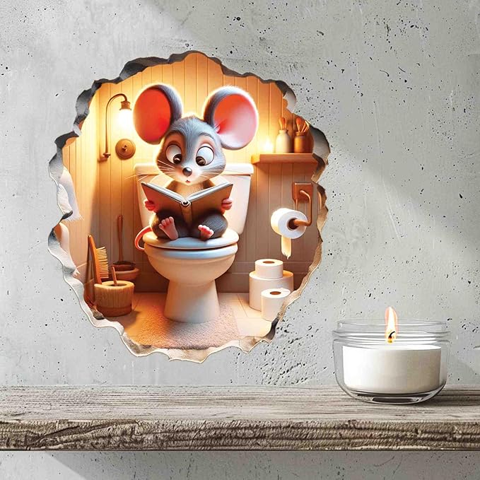 3D Mouse Sitting on Toilet - Mousehole Wall Sticker Decal - Removable Bathroom Decor - Kids Room - Peel & Stick - Whimsical Home Decor - MICESTERPIECE-Ruum Studio Home