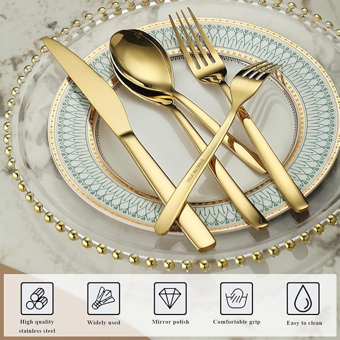 Berglander Gold Silverware Set 60pcs Service for 12, Golden Titanium Plating Stainless Steel Flatware Set, Gold Spoons Forks Knives Set for Home, Wedding, Restaurant, Hotel, Dishwasher Safe-Ruum Studio Home