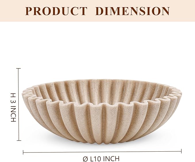 Large Decorative Bowl, Modern Handicraft Bowls for Home Decor, Decorative Fruit Bowl for Kitchen Counter, Ruffle Decor, Stylish Key Bowl for Entry Table, Artificial Stone Beige-Ruum Studio Home