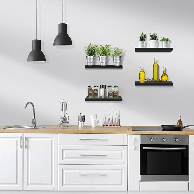Sorbus Floating Shelves for Wall, Bathroom Shelves Wall Mounted for Kitchen, Bedroom, Living Room, Bathroom Storage, Over Toilet, Hanging Book Shelf for Wall Home Decor (Black, 4 Pack)-Ruum Studio Home