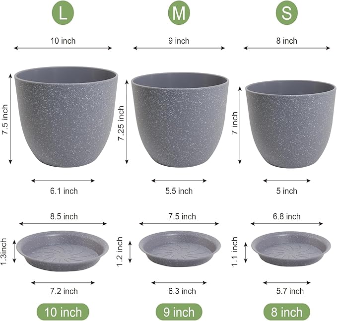 10/9/8 inch Plant Pots, Set of 3 Modern Decorative Plastic Planters with Drainage Holes and Saucers for Garden House Plants, Flower Pots for Indoor Outdoor Plants, Speckled Grey-Ruum Studio Home