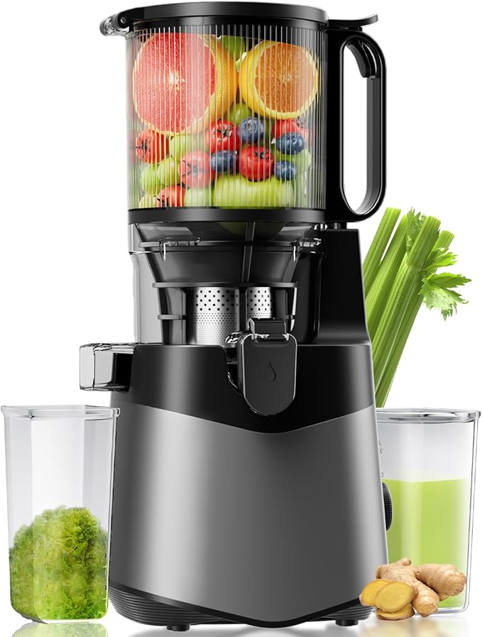 Cold Press Juicer, 5.3" Wide Feed Chute Juice Extractor Machine with 400W, High Juice Yield, Slow Masticating Juicer for Whole Vegetables & Fruits, Deep Grey-Ruum Studio Home