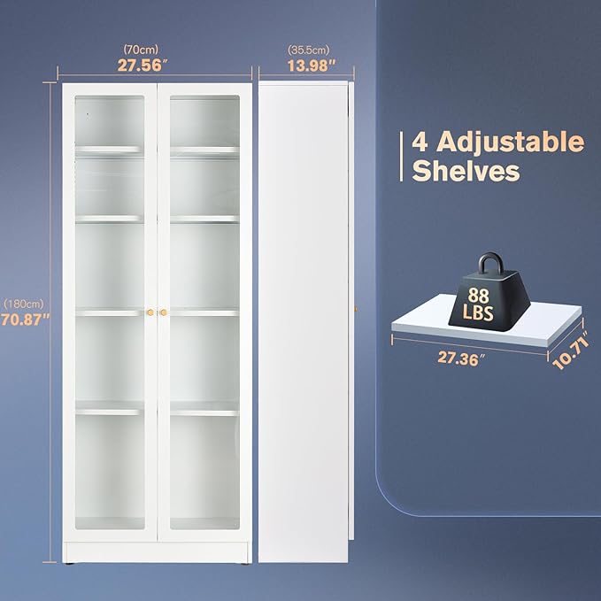 5 Tier Metal Curio Cabinets, Modern Bookshelf Cabinet with 4 Adjustable Shelves, Cabinet Display Case for Home Office, Living Room, Pantry (White-27.5W)-Ruum Studio Home