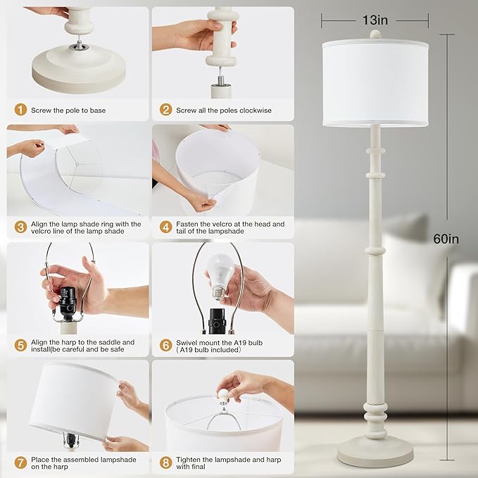 Floor Lamps for Living Room - 60" Resin Farmhouse Floor Lamp with 3 Color Temperatures - Vintage Standing Lamp Reading Light with Linen Shade Retro Tall Lamp for Bedroom Office, Almond White-Ruum Studio Home