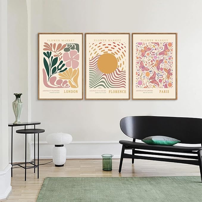Tinonedraw Boho Flower Market Framed Canvas Wall Art Set, Pink Beige Cute Butterfly Wall Decor, Colorful Abstract Floral Wall Painting, Modern Matisse Art Print for Girls Room Bedroom Office Nursery 16"x24"x3-Ruum Studio Home