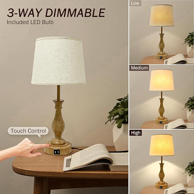 Farmhouse Table Lamp Touch Control 3-Way Dimmable Table Lamp, Modern Nightstand Lamp with 2 USB Port Bedside Desk Lamp with Fabric Shade for Living Room (Pack 1-Beige Shade & Touch)-Ruum Studio Home