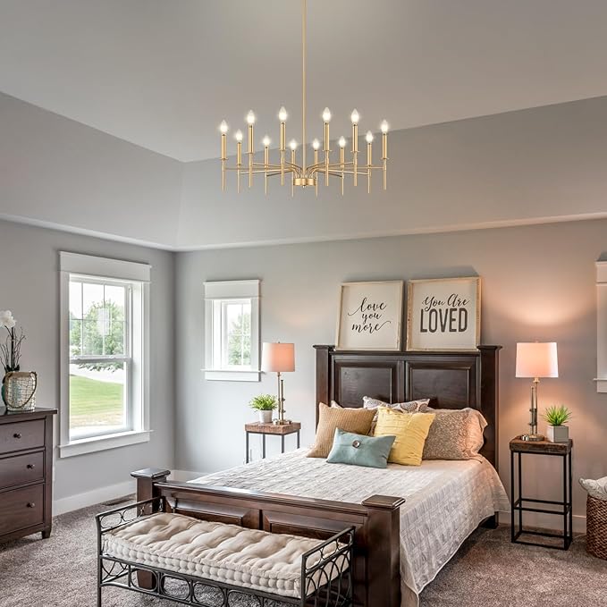 12 Light Gold Chandelier Light Fixture, Modern Farmhouse Chandeliers for Dining Room Light Fixture, Metal Candle Pendant Chandelier for Foyer Entryway Stairs Living Room Bedroom Kitchen-Ruum Studio Home