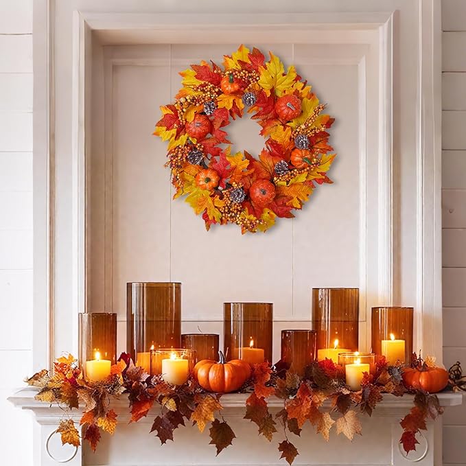 DiliComing Fall Wreath Front Door Wreath - 20 inch Fall Wreaths for Front Door, Autumn Wreaths with Pumpkin Maple Leavses for Indoor Outdoor Outside, Home Decor for Thanksgiving Harvest-Ruum Studio Home
