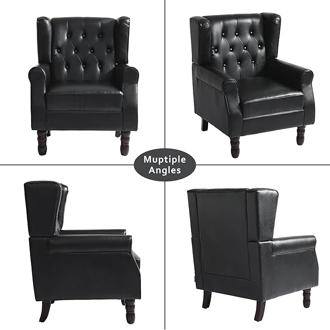 High Back Accent Chair,Upholstered Faux Leather Wingback Armchair with Solid Wood Legs for Small Spaces,Comfy Single Sofa Chair for Living Room,Bedroom,Office-Black-Ruum Studio Home