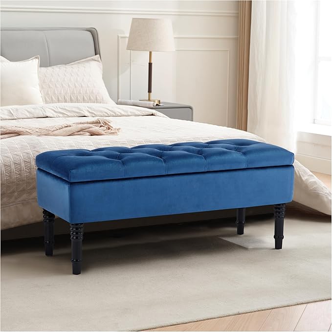 Ottoman with Storage Velvet Storage Bench Holds Up to 500 lbs Ottomans Upholstered Bench with Seating for Bedroom, Living Room, Blue-Ruum Studio Home