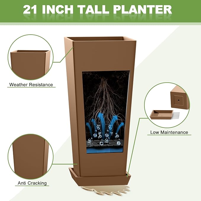 FENCY Set of 2 Tall Planters for Outdoor Plants, 24 Inch Large Tapered Pots with Drainage Trays, Weather-Resistant Plastic Plant Containers for Patio, Porch, Garden, Front Door Decor,Brown-Ruum Studio Home