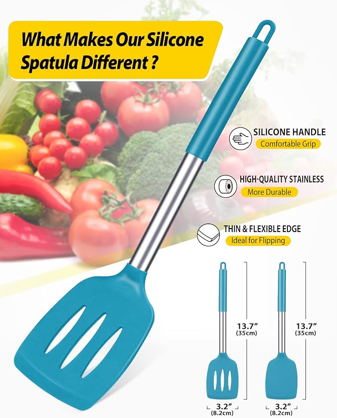 Pack of 2 Silicone Solid Turner, Non Stick Slotted Kitchen Spatulas, High Heat Resistant BPA Free Cooking Utensils, Ideal Cookware for Fish, Eggs, Pancakes(Blue)-Ruum Studio Home