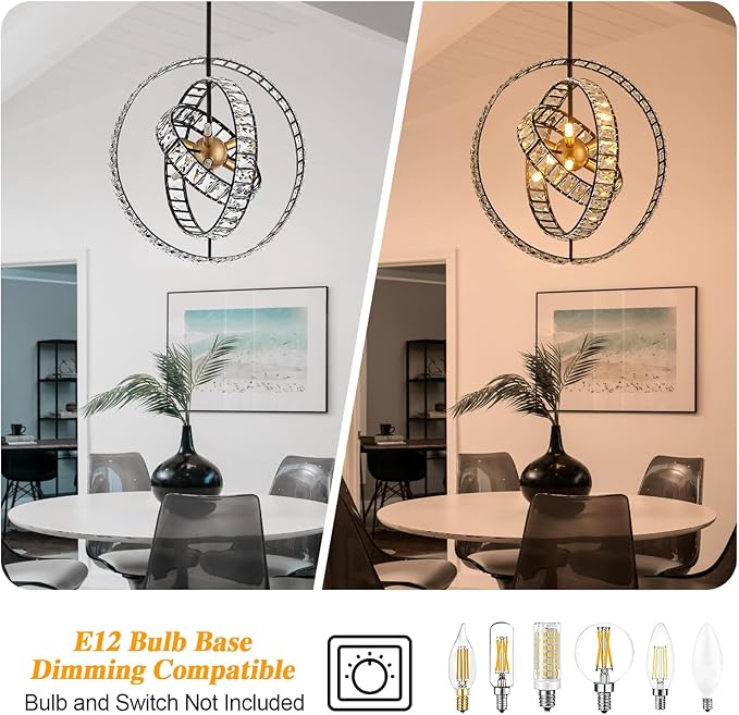18" Crystal Globe Sputnik Chandelier, 6-Light Black Gold Modern Adjustable Hanging Ceiling Pendant Light Fixture for Entryway Foyer Stairway Bedroom Dining Living Room Hallway-Ruum Studio Home