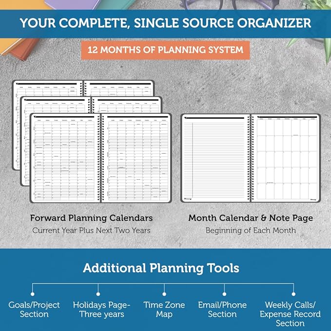 Planner Pad Spiral Bound January-December 2026/ Calender Year 8 1/2" x 11" Large 3-Tier Funnel Down 12 Month Organizer, Black Cover/Black Ink-Ruum Studio Home