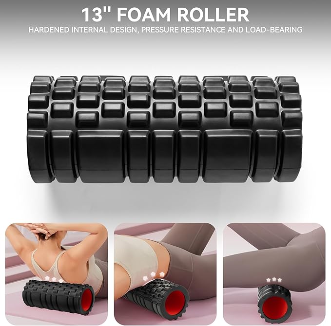 5 in1 Foam Roller Set for Deep Tissue Muscle Massage, High Density Fitness Exercise Foam Roller, Massage Roller, Massage Ball, Resistance Band, for Whole Body (Black)-Ruum Studio Home