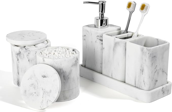 Bathroom Accessories Set, 6 Piece Bathroom Set with Toothbrush Holders, Soap Dispenser, Vanity Tray, Tumbler, Cotton Swab Jars, Bathroom Organizer，Bathroom Sink Sets, Artificial Marble White-Ruum Studio Home