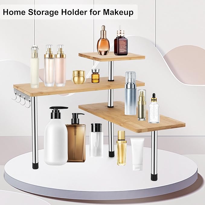 HYNAWIN Corner Shelf, 3 Tier Bamboo & Metal Storage Spice Rack-Desk, Space Saving Bookshelf with Hooks, Adjustable Display Shelf for Creative Home Décor Kitchen, Bedroom, Office (21CO)-Ruum Studio Home