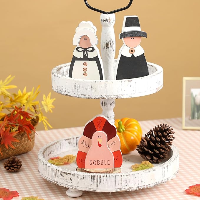 Amorita Fall Thanksgiving Decorations Wooden Turkey Pilgrim Couple Table Sign 3 Pcs Fall Thanksgiving Decor Standing Tabletop Sign Decor for Autumn Harvest - W-Ruum Studio Home