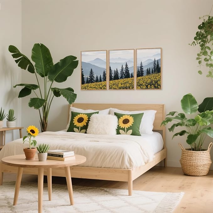 HPINUB Boho Sunflowers Landscape Framed Canvas Wall Art Set,Nature Pine Tree Wall Decor,Abstract Flowers Artwork Rustic Mountain Misty Forest Art Print for Living Room,Bedroom,Office-16 x24 x3-Ruum Studio Home