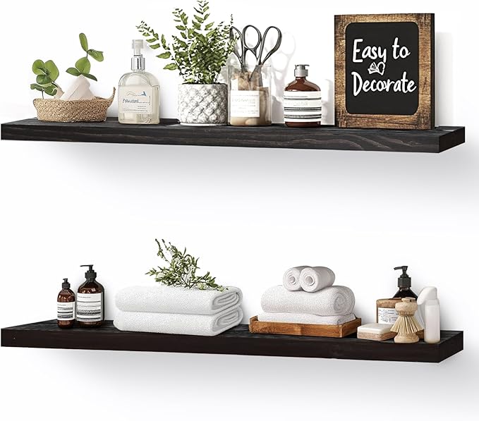 Floating Wall Shelves 2-Pack - 24-Inch Rustic Black Wooden Shelves for Storage and Décor, Easy Installation for Living Room, Bedroom, and Kitchen-Ruum Studio Home