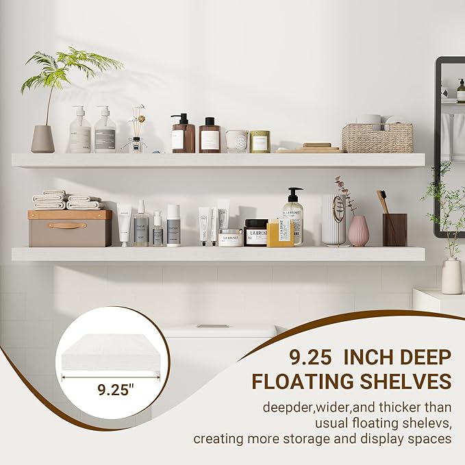 55 Inch Floating Shelves, 55"x9.25"x1.5" Inch Deep Floating Shelves for Wall, Wooden Shelves for Bathroom, Bedroom, Living Room, Cream White Oak-Ruum Studio Home