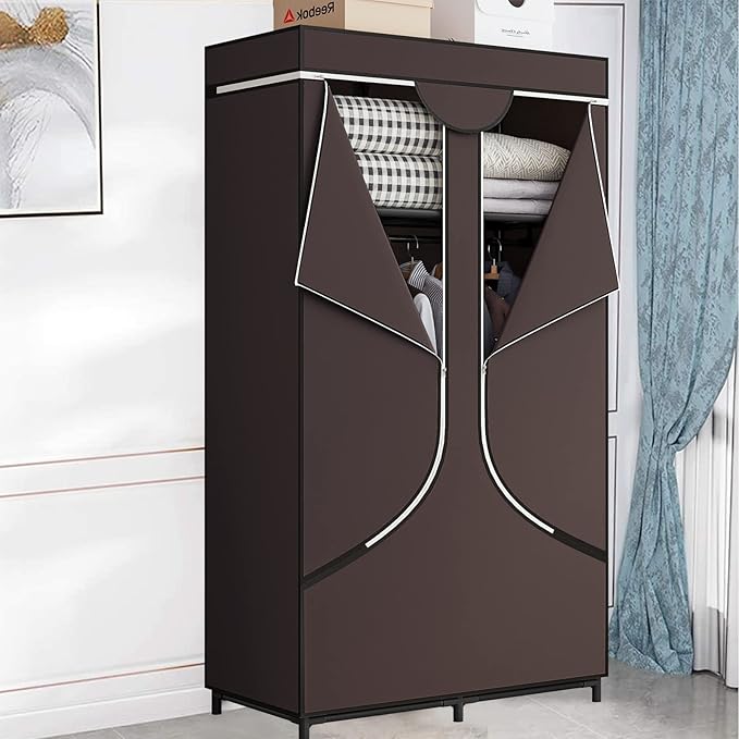 SORCEDAS Portable Wardrobe Closet Storage Organizer Metal Hanging Rack Non-Woven Fabric 34 Inch Coffee (34 Inch, Coffee)-Ruum Studio Home