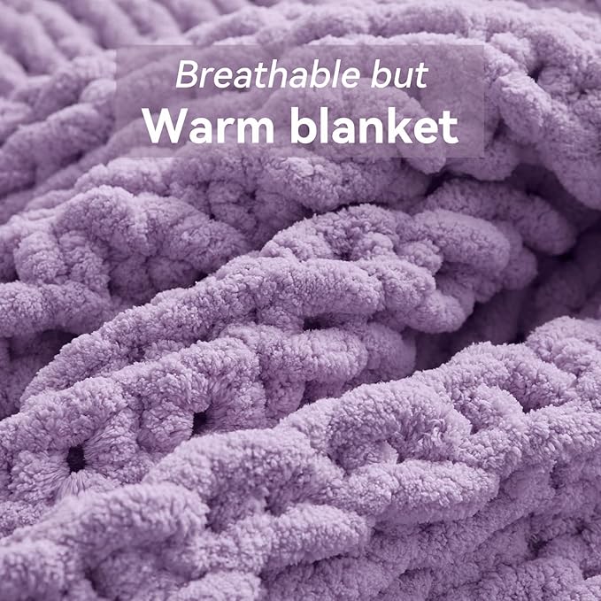 Chunky Knit Throw Blanket, 60''*80'' Knitted Throw Chenille Yarn for Bed Couch, Handmade Light Purple Crochet Big Thick Blanket, Machine Washable Cute Comfy Blanket for Home Decor-Ruum Studio Home