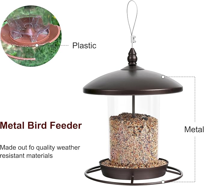 Metal Bird Feeder for Outdoors Hanging,3.0LB Seed Feeder,Easy to Fill & Clean,360° Feeding,Weatherproof Roof for Gardens and Wild Birds,Brown-Ruum Studio Home