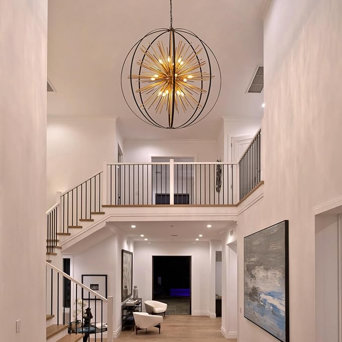 43.3" Black Gold 18-Light Globe Sputnik Chandelier Modern Adjustable Hanging Ceiling Firework Pendant Light Fixture for Entryway Foyer Stairway Kitchen Dining Living Room Hallway-Ruum Studio Home