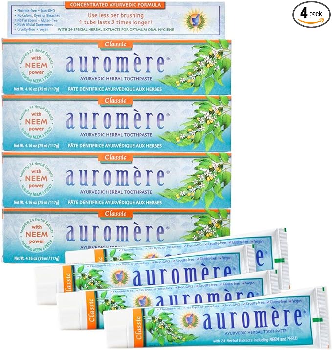 Auromere Ayurvedic Herbal Toothpaste, Classic Licorice Flavor - Vegan, Natural, Non GMO, Fluoride Free, Gluten Free, with Neem & Peelu (4.16 oz), 4 Pack-Ruum Studio Home