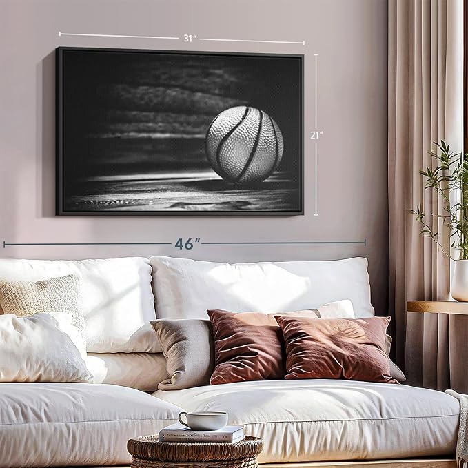 ElephantStock Basketball Wall Art - Horizontal Framed Canvas - 1-Piece Hallway Wall Decor - Photography sports Canvas Print - Black and Gray Decor for Wall - 31" X 21"-Ruum Studio Home