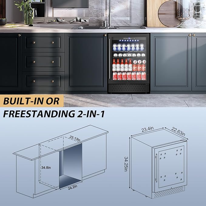 Tylza Beverage Refrigerator 24 Inch, Under Counter/Freestanding Drink Fridge, 190 Cans Beverage Cooler with Glass Door, Reversible Door, Low Noise, Quick Cooling - for Beer, Soda, ETC, Black-Ruum Studio Home