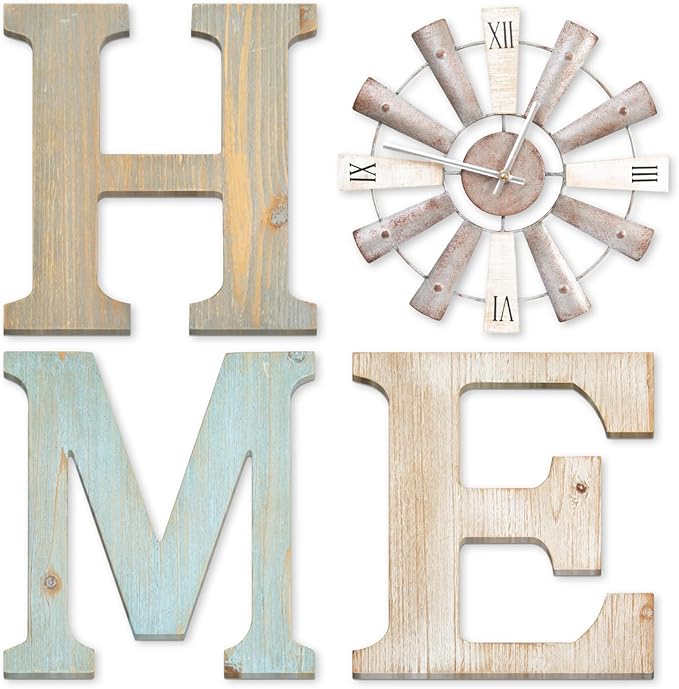 ZAZIWZ Farmhouse Home Signs with Windmill Clock Wall Decor Rustic Home Letters Wall Art for Living Room Kitchen Entryway Dining Room Bedroom (mix color)-Ruum Studio Home