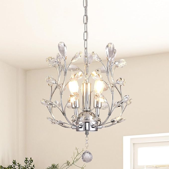 Ganeed 3-Light Branch Crystal Chandelier, Small Flush Mount Vintage Pendant Hanging Lighting, K9 Crystal Farmhouse Ceiling Light for Dining Room Bedroom Living Room Kitchen Hallway, Chrome Silvery-Ruum Studio Home