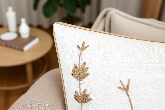 VAGMINE Hand Embroidered Daisy Accent Throw Pillow Cover - 18x18 Inches Square - 100% Cotton Ivory Decorative Cushion Cover for Couch, Sofa, Living Room - Textured Embroidery - Cozy Floral Home Décor-Ruum Studio Home