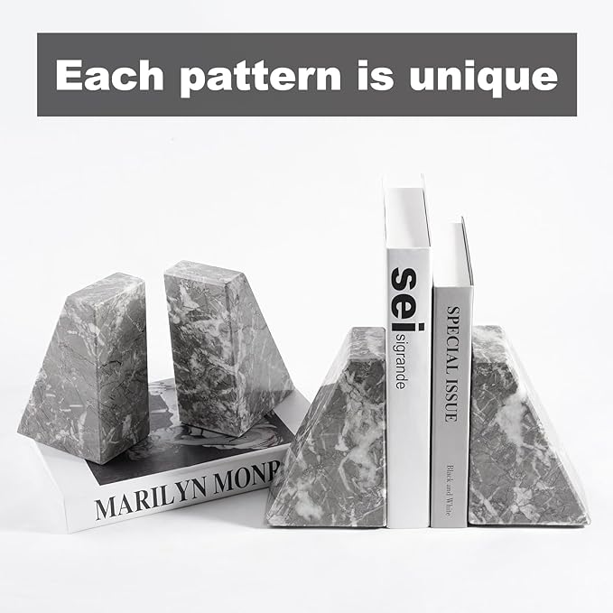Marble Bookends for Heavy Books, Decorative Bookends for Shelves, Durable and Heavy-Duty Book End for Hardback Book & CDS, Unique Book Stopper & Holder, Gris Lido, Set of 2-Ruum Studio Home
