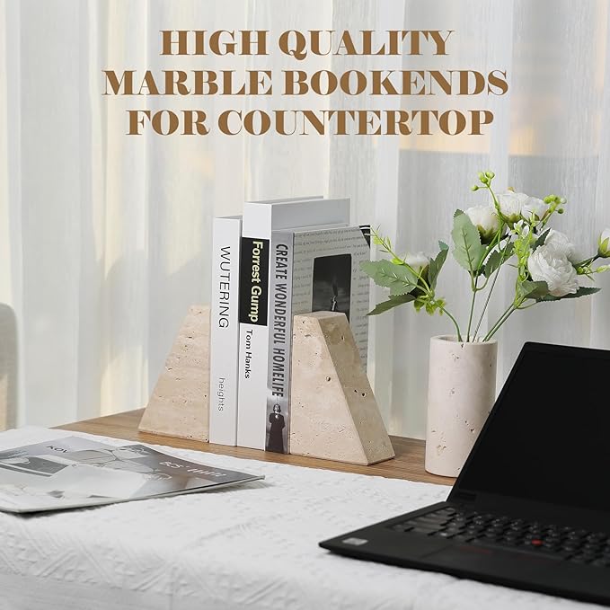 Travertine Bookends for Heavy Books, Marble Decorative Bookends for Shelves, Heavy-Duty Stone Book Ends for Hardback Book & Cookbooks, Unique Book Stopper & Holder, Travertino Italy-Ruum Studio Home