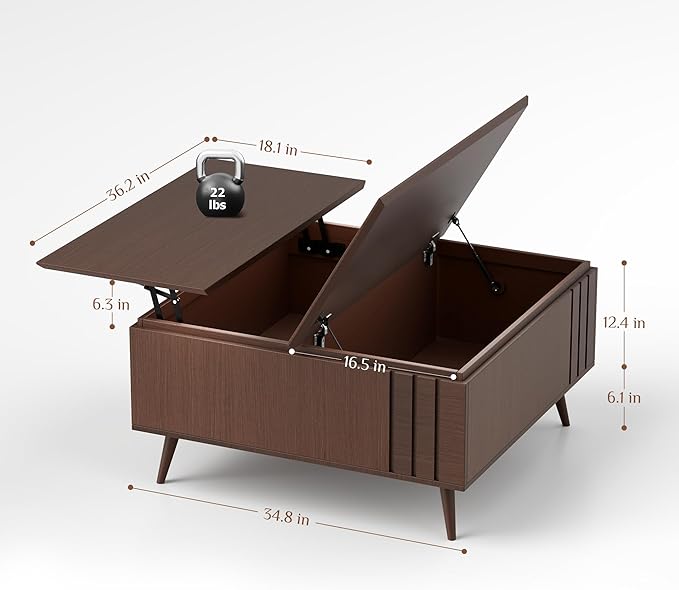 36.2" Lift Top Coffee Table with Storage, Large Square Coffee Tables with Hidden Compartment, Mid Century Modern Center Table for Home Office,Living Room,Dark Walnut-Ruum Studio Home