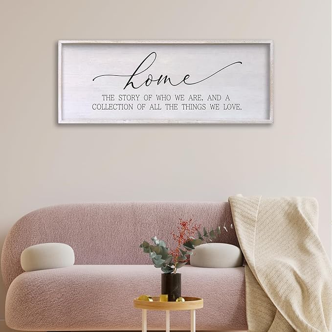 Home The Story of Who We Are Sign Farmhouse Family Wall Decor 32x12 Inch Plaque Wood Framed Art for Hanging (White)-Ruum Studio Home