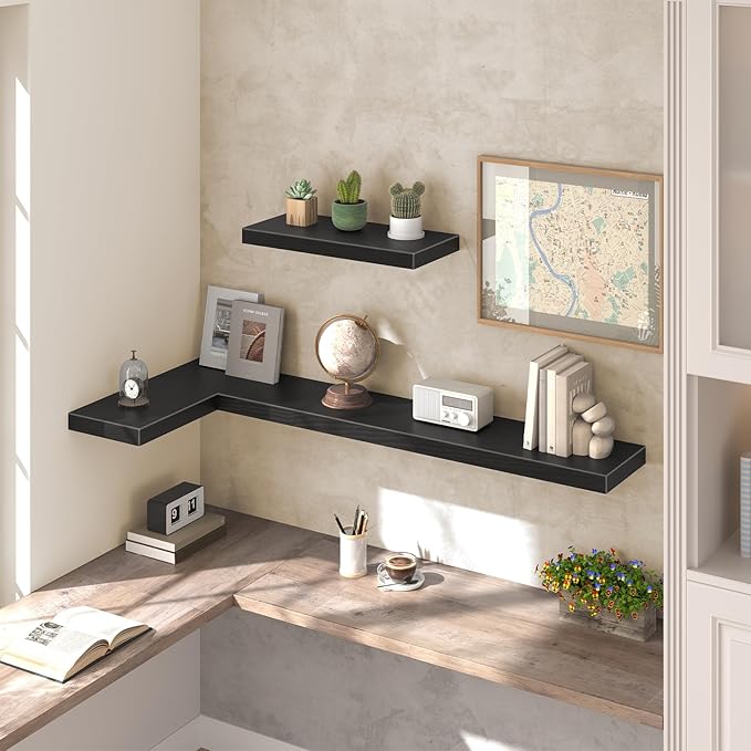 HOOBRO Floating Shelves for Wall, Wall Mounted Shelf Set of 2, 55" Hanging Shelf with Invisible Brackets, for Wall in Bathroom, Bedroom, Toilet, Kitchen, Living Room, Office, Black BK140BJP201-Ruum Studio Home