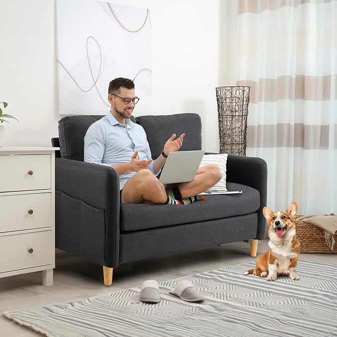 VINGLI 47" Small Couch, Linen Loveseat Sofa Black Mini Couch Mid Century Modern Decor Love Seat for Small Spaces Living Room, Bedroom, Play Room-Ruum Studio Home
