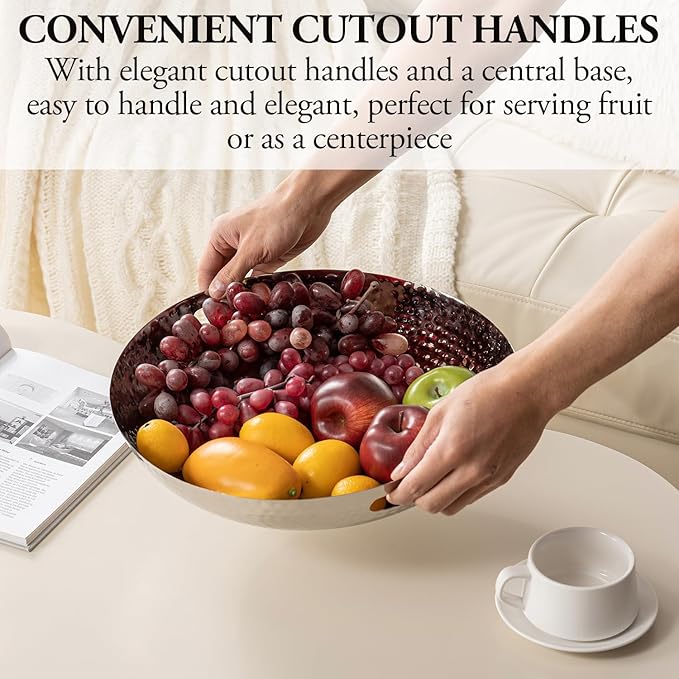 MyGift 14 Inch Deluxe Decorative Dish Tray Centerpiece Base, Silver Tone Plated Hammered Aluminum Fruit Bowl Serving Platter with Cutout Handles - Handcrafted in India-Ruum Studio Home