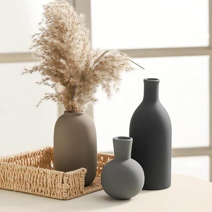 Ceramic Vase Set of 3, Rustic Farmhouse Vases Home Decor Pottery Pampas Vase Decoration Modern Neutral Flowers Vases for Room Decor, Entryway, Living Room, Table, Kitchen, Bedroom - Multicolor-Ruum Studio Home