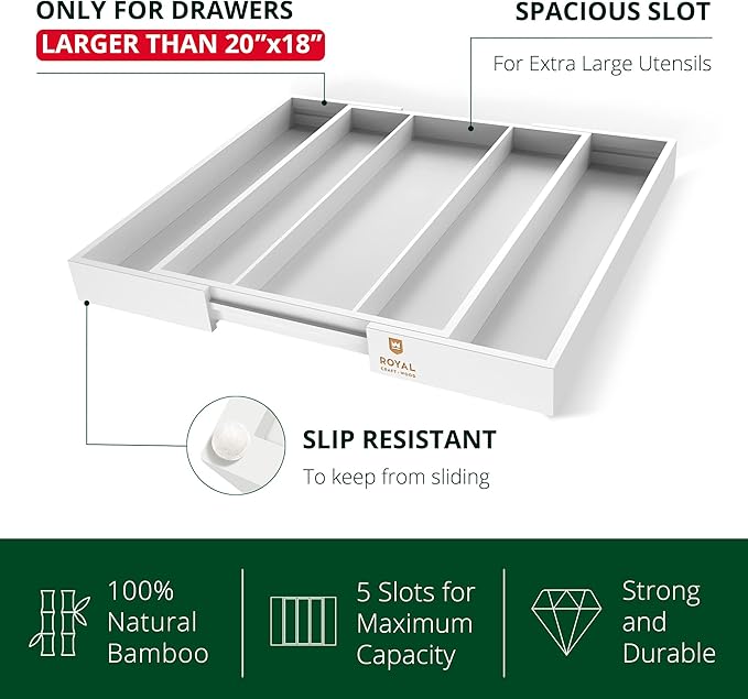 ROYAL CRAFT WOOD Luxury Bamboo Kitchen Drawer Organizer - Silverware Organizer - Utensil Holder and Cutlery Tray with Grooved Drawer Dividers for Flatware and Kitchen Utensils (5 Slot, White)-Ruum Studio Home