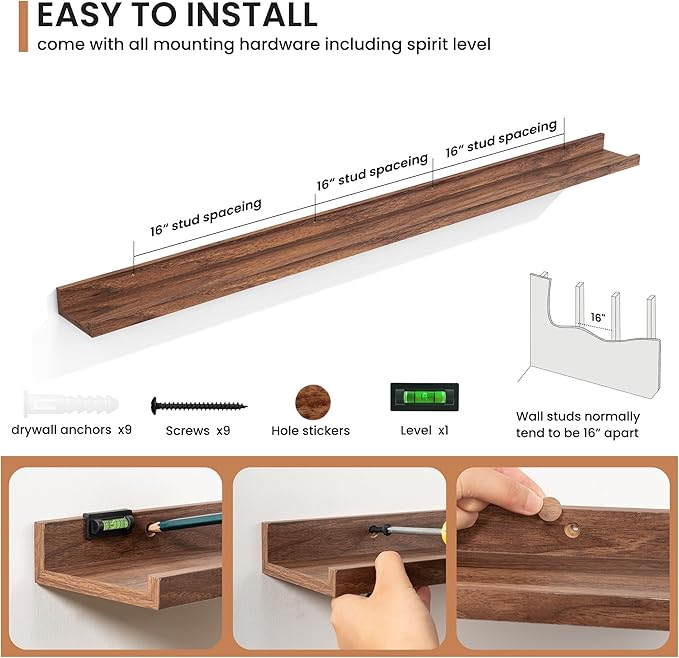 Fun Memories Picture Ledge Shelves Set of 2, 55 Inch Rustic Wall Mounted Floating Shelves with Lip for Home Storage and Décor in Bathroom, Kitchen, Nursery, Bedroom, Living Room, Walnut-Ruum Studio Home
