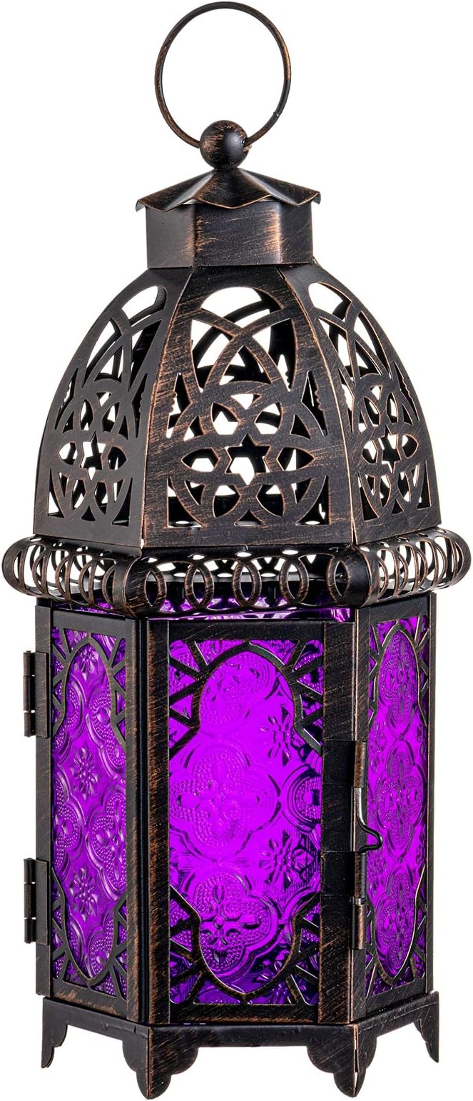 NEEDOMO Moroccan Candle Lantern, 12.8'' Hanging Lanterns Decorative Indoor Outdoor, Vintage Candle Holder for Chritsmas, Halloween, Table, Patio, Porch, Shelf, Gothic Home Decor (Purple)-Ruum Studio Home