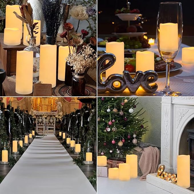 Flameless Battery Operated Outdoor Waterproof Set of 12(D: 3" x H: 3" 4" 5" 6") Pillar LED Candles with 10-Key Remote and Cycling 24 Hours Timer-Ruum Studio Home