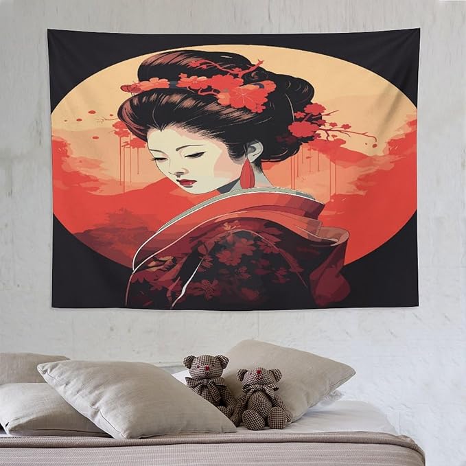 Japanese Woman Geisha Tapestry Asian Cherry Blossom Red Sun Traditional Kimono Folk Tapestries Home Decor for Living Room Bedroom Apartment Farmhouse Dorm 80"x60"-Ruum Studio Home