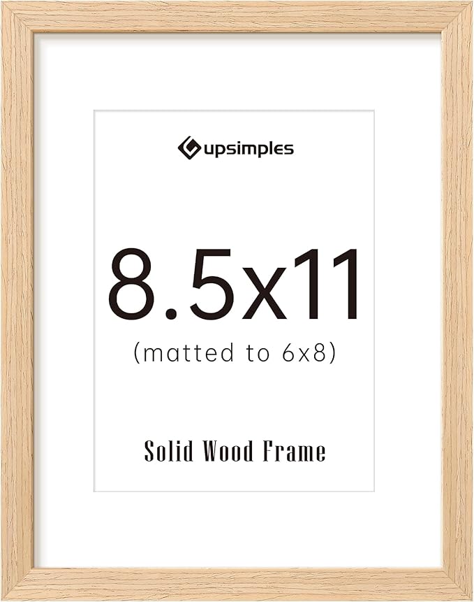 upsimples 8.5 by 11 Picture Frame, Natural Solid Wood Picture Frames, Display 6x8 with Mat or 8.5 x 11 Without, Wall or Tabletop, 1 Pack, Natural-Ruum Studio Home