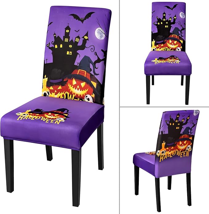 JQinHome Purple Halloween Chair Slipcover, Castle Chair Covers Set of 6, High Stretch Washable Chair Protector Cover for Dining Room, Kitchen,Home Party,Wedding Ceremony(Purple,6PC)-Ruum Studio Home
